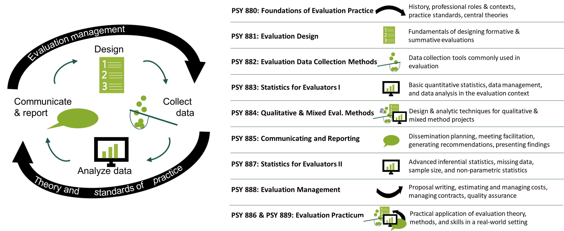 Courses cover evaluation theory, design, data collection, analysis, communication/reporting, and project management.
